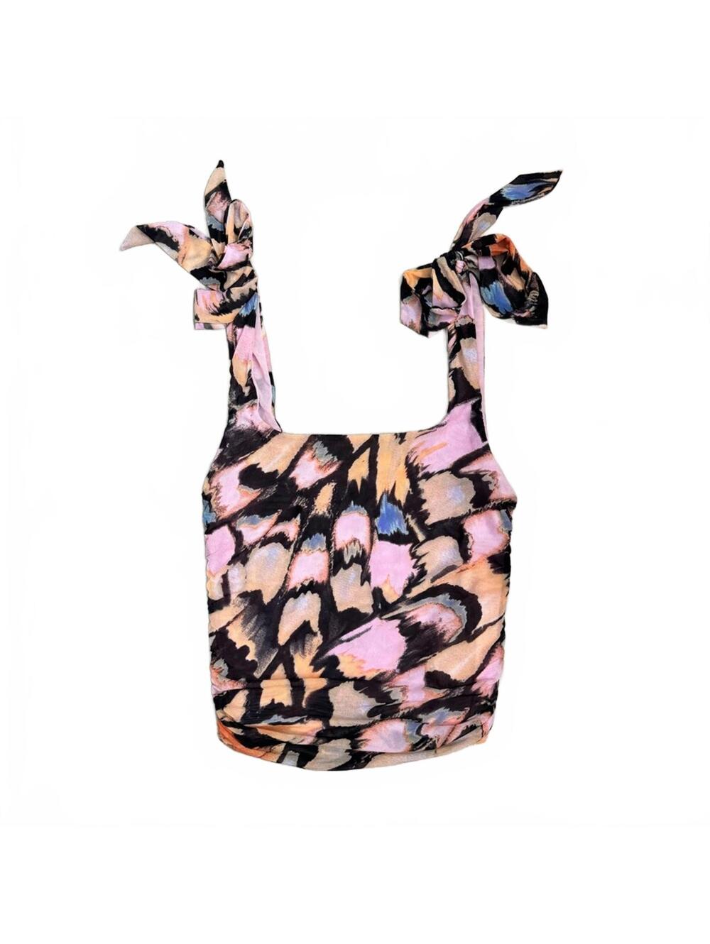 Free People Avenue Black Abstract Print Tie Sleeve Crop Tank Top- Size Small - Picture 2 of 6